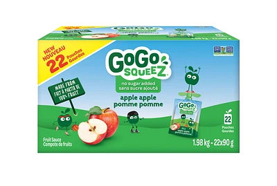 Emballage assortis de compote de fruits GoGo squeeZ , pomme et pomme, sens sucre ajouté. 90 g par gourde, emballage de 22 22x90gr gourdes (1.98kg)