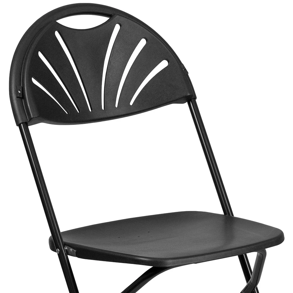 Lot de 2 pièces - Chaise pliante de la série HERCULES en plastique noir à dossier Fan, avec une capacité de 650 lb.