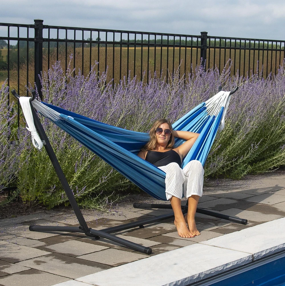 Vivere Double Cotton Hammock with Steel Stand and Carry Bag - Island Breeze