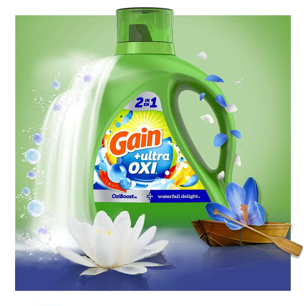 Détergent à lessive liquide Gain Ultra Oxi, parfum Waterfall Delight, 2 en 1, convient aux laveuses HE