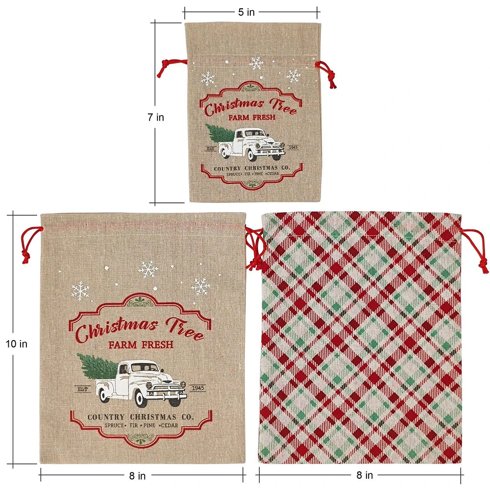 Holiday Time 3 Pieces Fabric  Bags with Drawstring1 Piece 5"x7" +2 Pieces 8"x10"  for  Xmas Package Storage