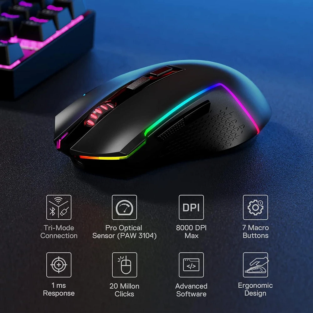 Redragon M693 Wireless Gaming Mouse, 8000 DPI Wired/Wireless Gamer Mouse w/ 3-Mode Connection, BT & 2.4G Wireless, 7 Macro Buttons, Durable Power Capacity for PC/Mac/Laptop