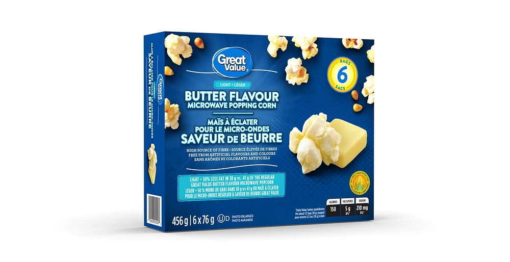 Great Value Light Butter Flavour Microwave Popping Corn, 456 g (6 bags x 76 g)