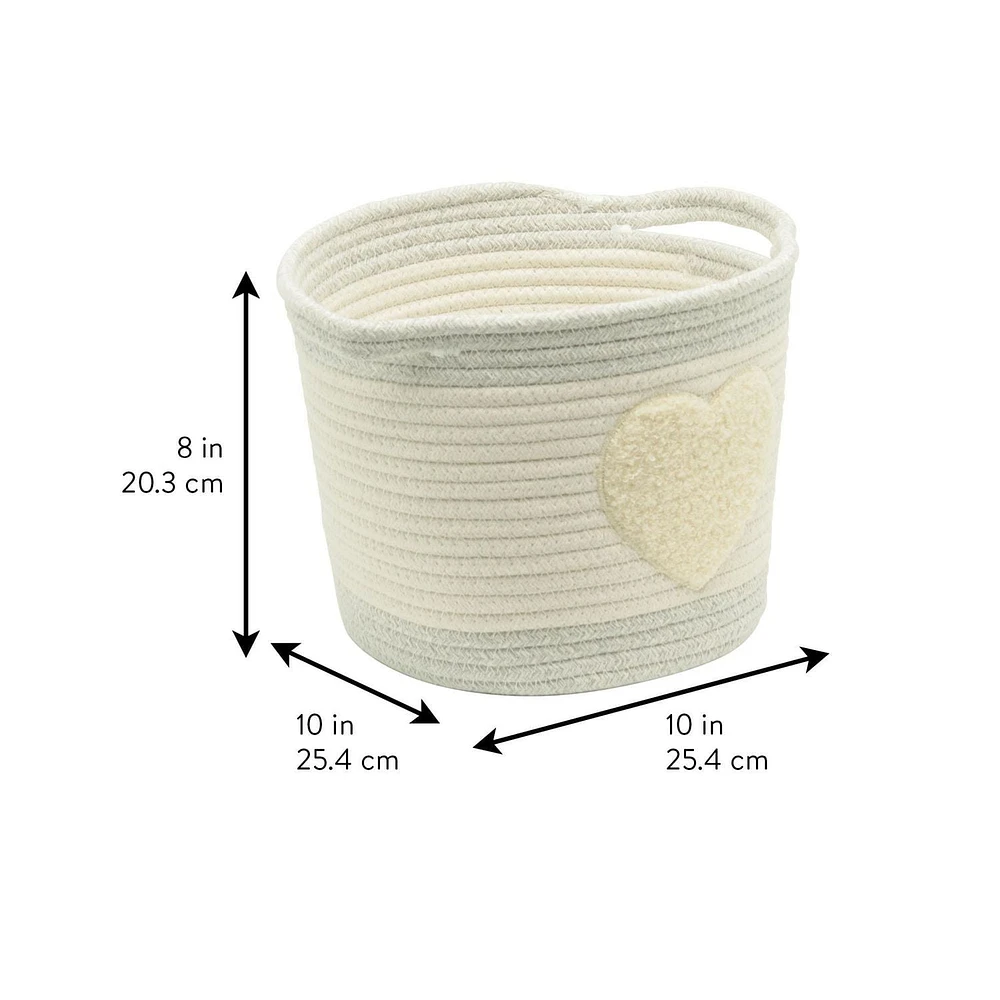 Cotton Rope Storage Basket with Boucle Heart Patch, Ivory with Grey Trim