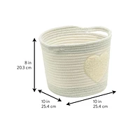 Cotton Rope Storage Basket with Boucle Heart Patch, Ivory with Grey Trim