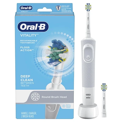 Oral-B Vitality FlossAction Electric Rechargeable Toothbrush with 2 Brush Heads, 2 FlossAction brush heads, Rechargeable handle, charger