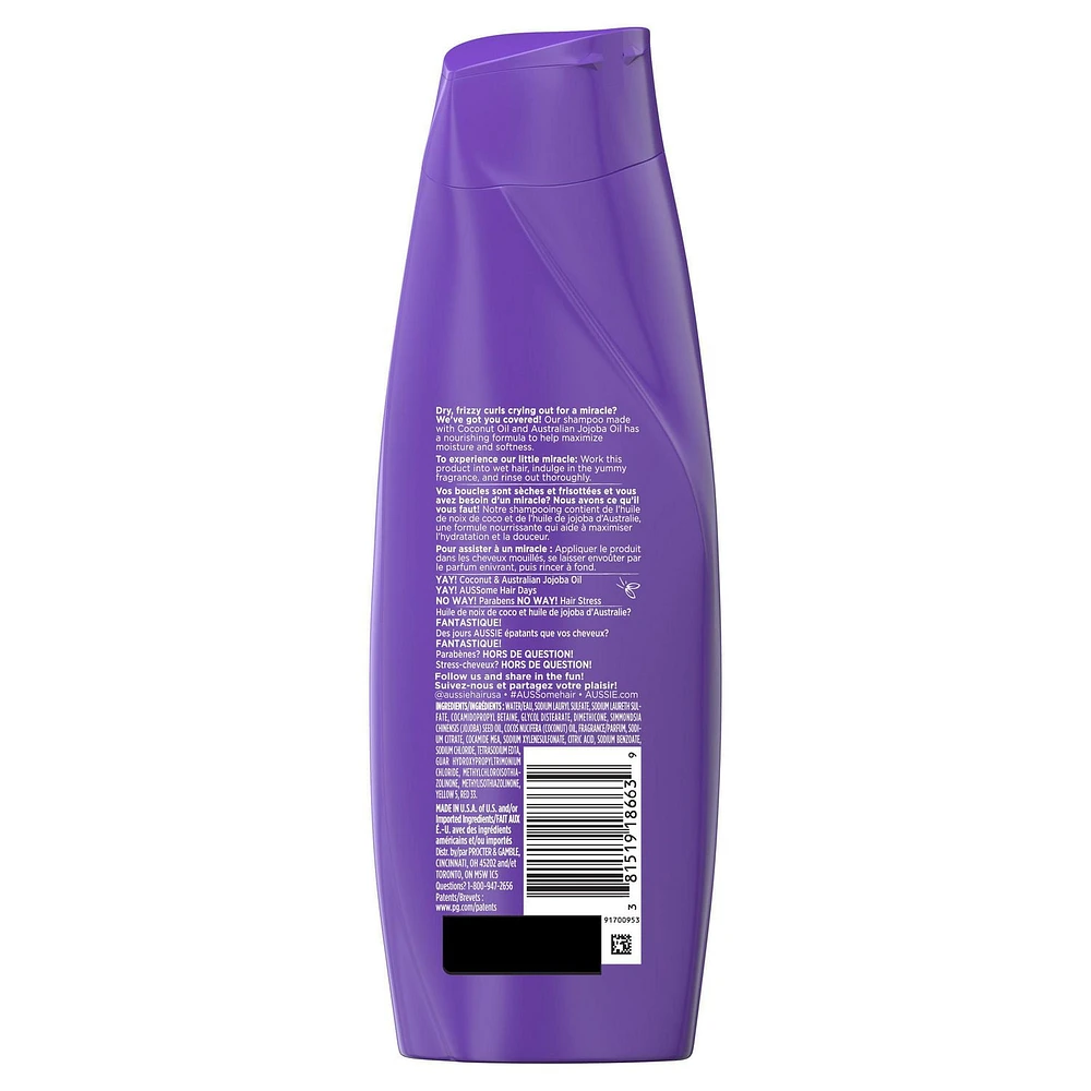 Shampooing Aussie Miracle Curls, avec huiles de noix de coco et de jojoba, sans parabènes 360 ml