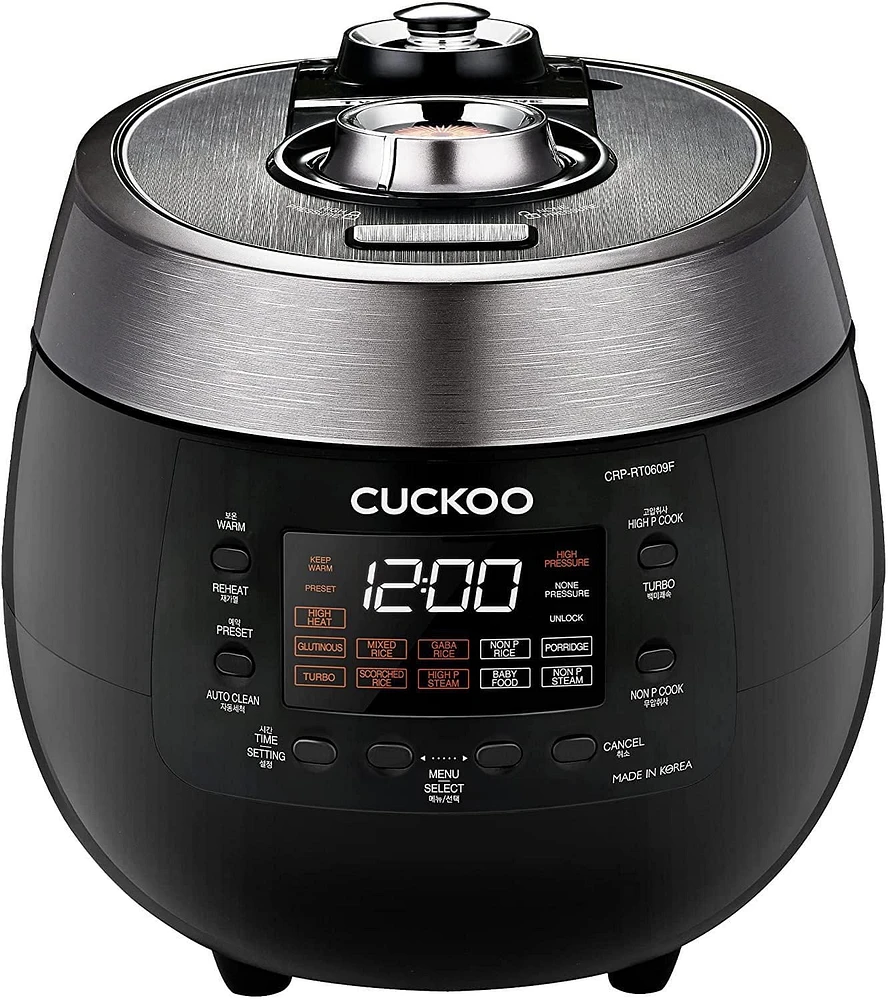 Cuiseur à riz double pression 6 tasses avec plateau à vapeur CUCKOO, 14 modes : Riz blanc, Riz GABA, Vapeur, Porridge, Riz roussi et plus, CRP-RT0609FB, Noir