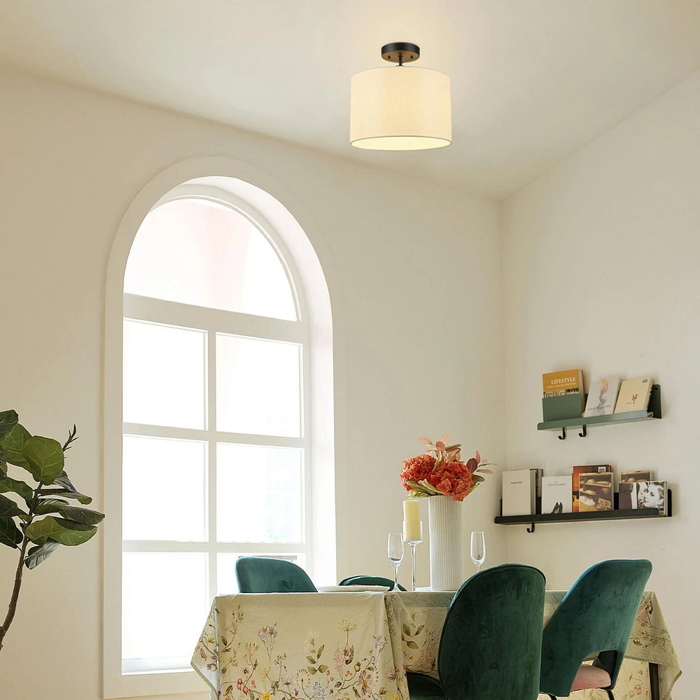 1-Light Matte Black Flush Mount Ceiling Light with White Linen Shade, 66000023, 1-Light Flush Mount Ceiling Light