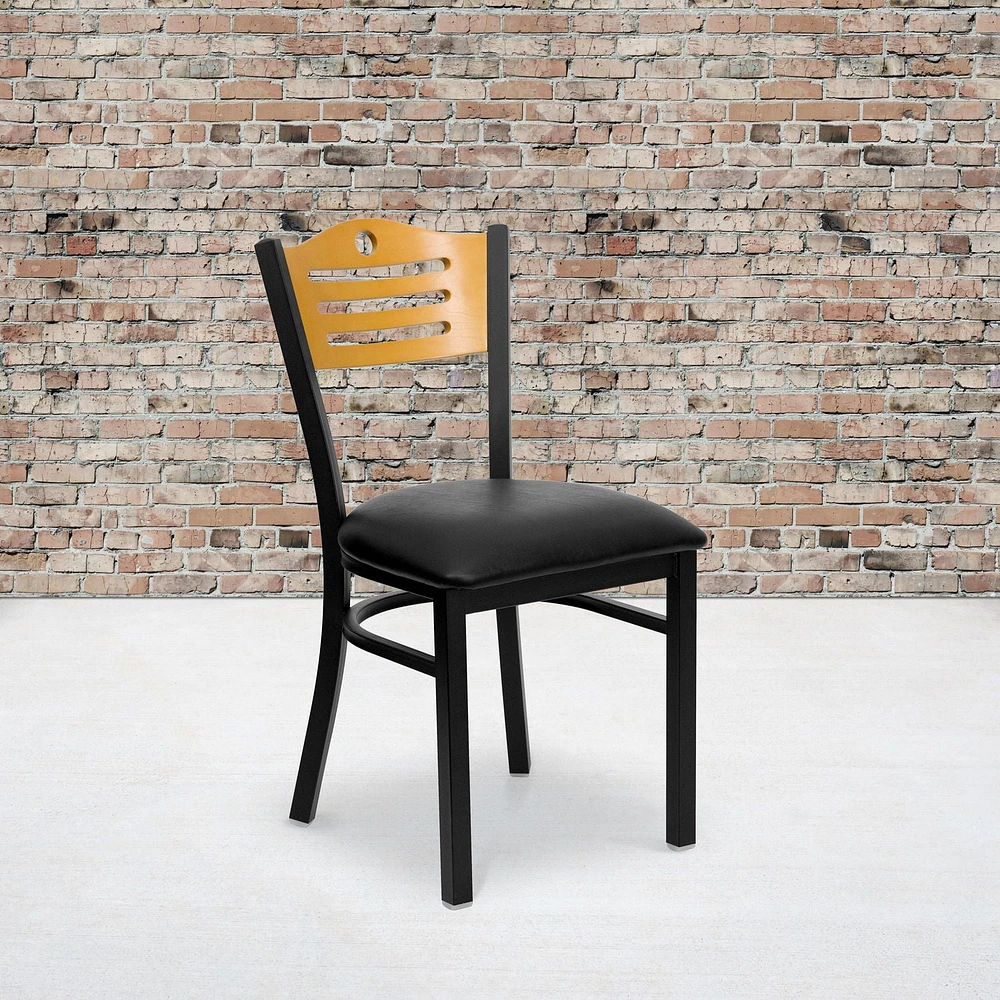 Lot de 2 pièces - Chaise de restaurant de la série HERCULES en métal noir avec dossier à lattes - dossier en bois naturel et siège en vinyle noir