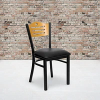 Lot de 2 pièces - Chaise de restaurant de la série HERCULES en métal noir avec dossier à lattes - dossier en bois naturel et siège en vinyle noir