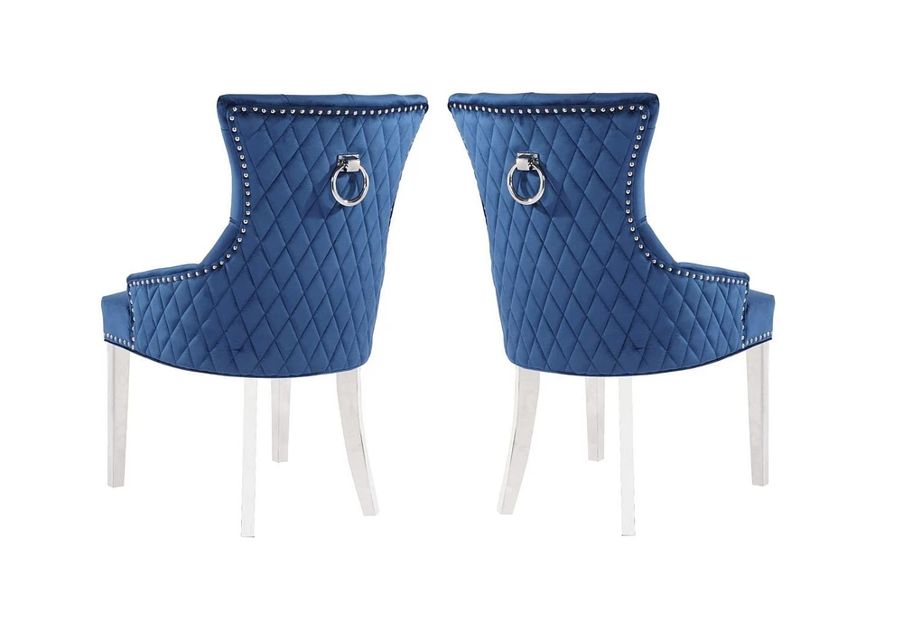 Gothel Chair in Blue, Nailhead trim and Tufted back Dining Chair, Velvet Upholstery Dining Chair, Dining Chair with Stainless Steel legs  for Kitchen and Living Room- Set 2