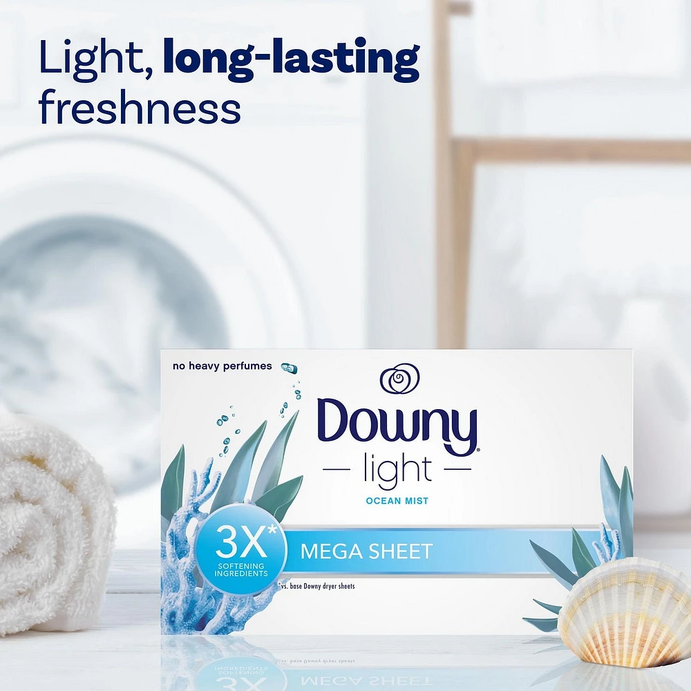 Downy Light Mega Dryer Sheets, Fabric Softener Dryer Sheets, Ocean Mist