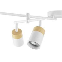 6-Light Matte White and Faux Wood Track Lighting with Double Center Swivel Bar and Pivoting Shades