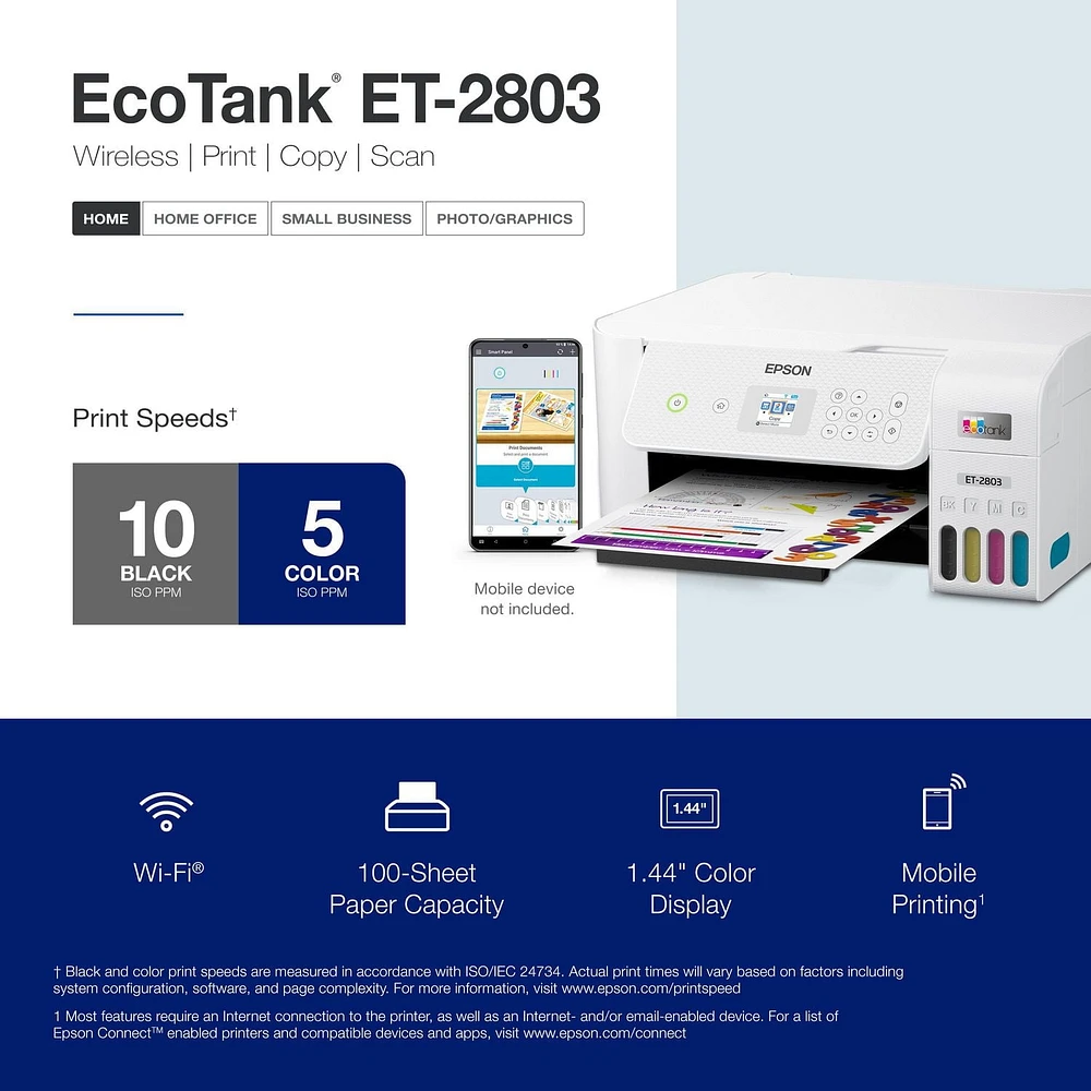 Epson EcoTank ET-2803 Wireless Colour All-in-One Cartridge-Free Supertank Printer with Scan and Copy