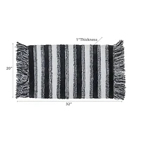 Microfibre Striped Bath Mat With Fringe Black 20X32