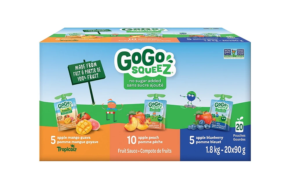 GoGo squeeZ Fruit Sauce Variety Pack, Mango Guava, Peach, Blueberry, No Sugar Added. 90g per pouch, Pack of 20, 1.8kg