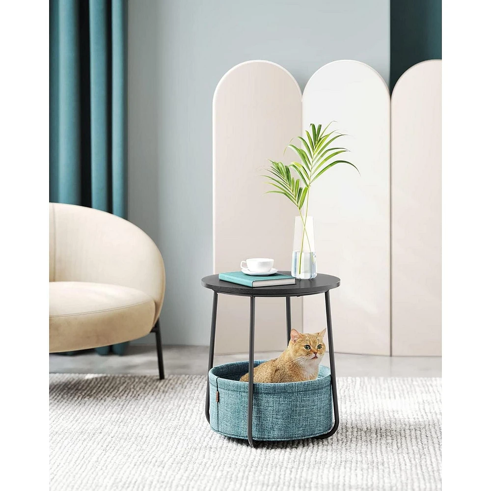 Boutique Home Round End Table with Fabric Basket Ideal for Den or Bedroom - Black Wood Design and Dark Turquoise