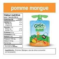 Compote de fruits GoGo squeeZ, pomme mangue, sans sucre ajouté. 90 g par gourde, emballage de 4 4 gourdes x 90 g (360 g)
