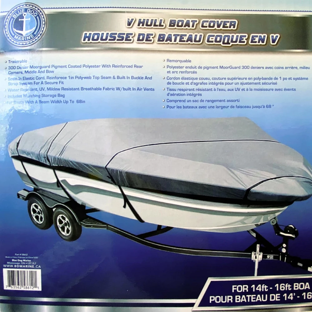 Boat Cover 14' to 16' V Hull 68'' Grey