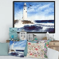 Designart Phare sur l'île rocheuse avec des mouettes ART MURAL À CADRE FLOTTÉ