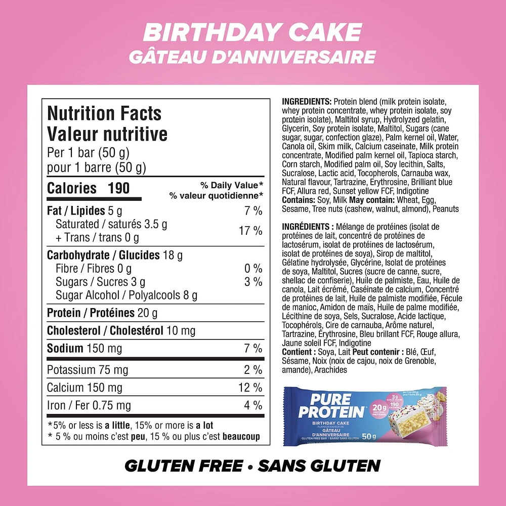 BIRTHDAY CAKE, 20 g of protein, gluten free, 12 X 50 g, New Look! Pure Protein bars feature the winning combination of high protein and great taste.