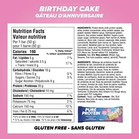 BIRTHDAY CAKE, 20 g of protein, gluten free, 12 X 50 g, New Look! Pure Protein bars feature the winning combination of high protein and great taste.