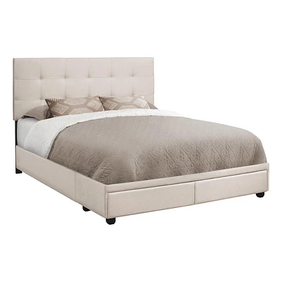 Monarch Specialties Bed, Queen Size, Platform, Bedroom, Frame, Upholstered, Linen Look, Wood Legs, Beige, Black, Transitional