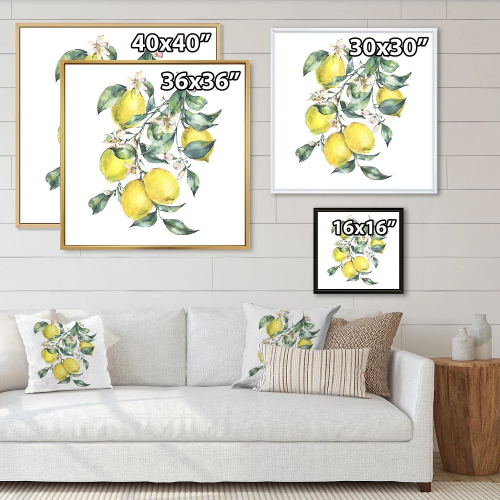 Designart Branche de citrons jaunes et de feuilles I ART MURAL À CADRE FLOTTÉ