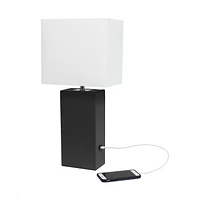 Elegant Designs Modern Leather Table Lamp with USB and White Fabric Shade