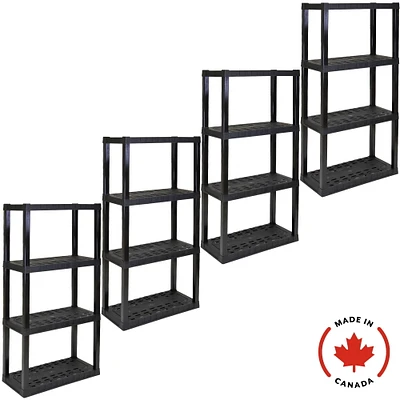 Étagères de rangement de garage en plastique ultra-résistant à 4 niveaux, 142 cm (H) x 35 cm (P) x 76 cm (L), paquet de 4, noir, capacité totale de 181 kg.