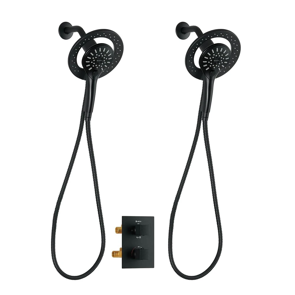 Valve thermostatique carrée avec déviateur à 4 voies d'Akuaplus®. 2 douchettes magnétiques à 3 réglages avec bouton poussoir et pommeau de douche pivotable. Fini noir mat