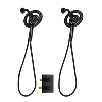 Valve thermostatique carrée avec déviateur à 4 voies d'Akuaplus®. 2 douchettes magnétiques à 3 réglages avec bouton poussoir et pommeau de douche pivotable. Fini noir mat