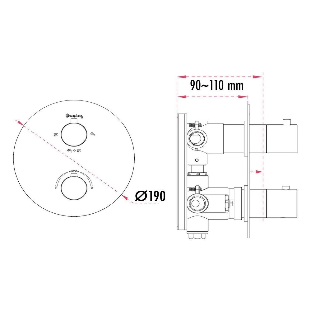 The akuaplus® thermostatic shower set with 4-way diverter, a shower heads 8 settings, spout or simultaneously, chrome finish
