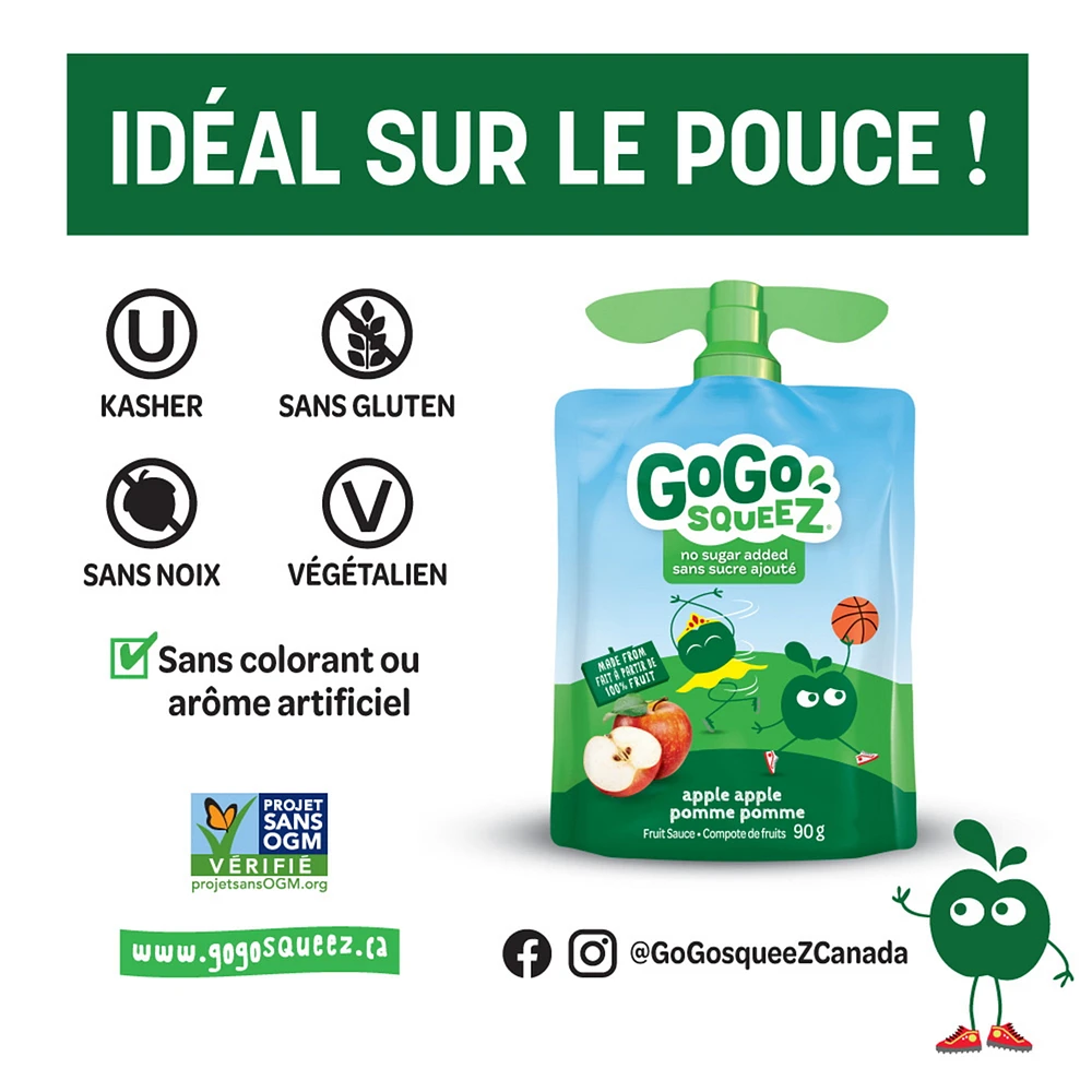 Compote de fruits GoGo squeeZ, pomme pomme, sans sucre ajouté. 90 g par gourde, emballage de 4 4 gourdes x 90 g (360 g)