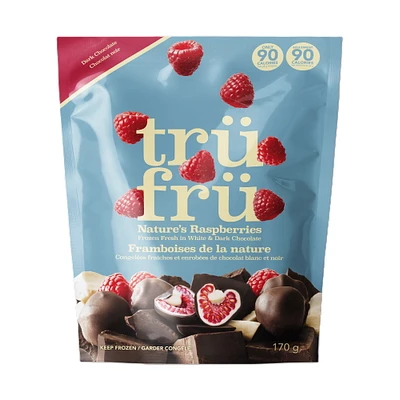 TruFru Frozen Rasperries in White & Dark Chocolate 6oz, TruFru Nature's Raspberries Frozen Fresh in White & Dark Chocolate