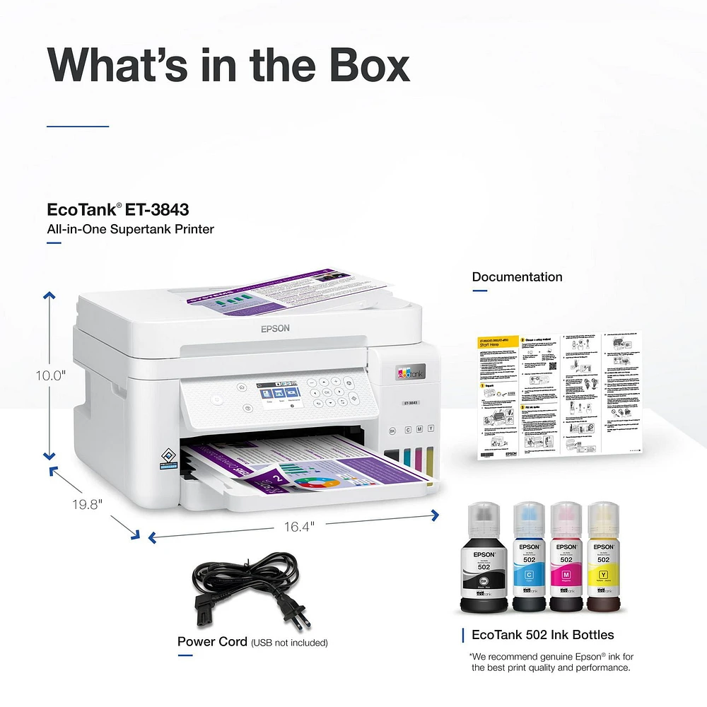 Imprimante couleur tout-en-un sans fil et sans cartouche Epson EcoTank ET-3843 à réservoirs d’encre géants EcoTank ET-3843