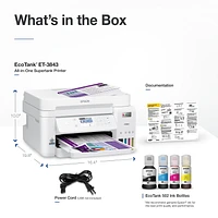 Imprimante couleur tout-en-un sans fil et sans cartouche Epson EcoTank ET-3843 à réservoirs d’encre géants EcoTank ET-3843