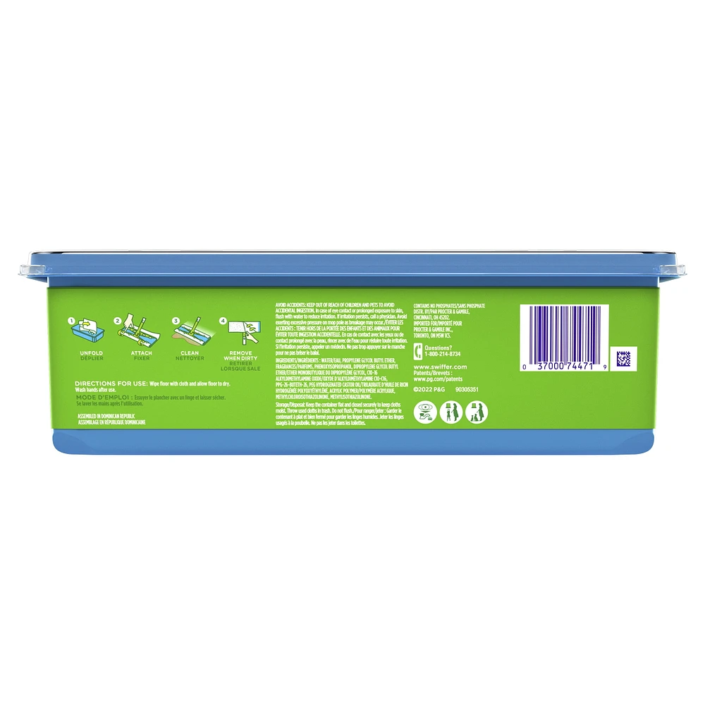 Swiffer Balayer + laver grand format, recharge de coussins humidifiés, nettoyant pour planchers, linges nettoyants, parfum frais 12 unités