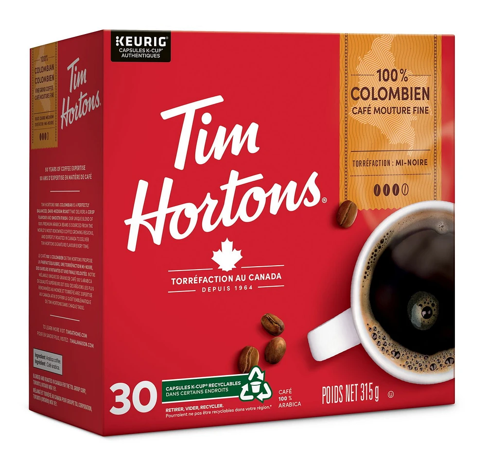 Tim Hortons 100% Colombian Dark Medium Roast Coffee, Keurig K-Cup 30ct Pods