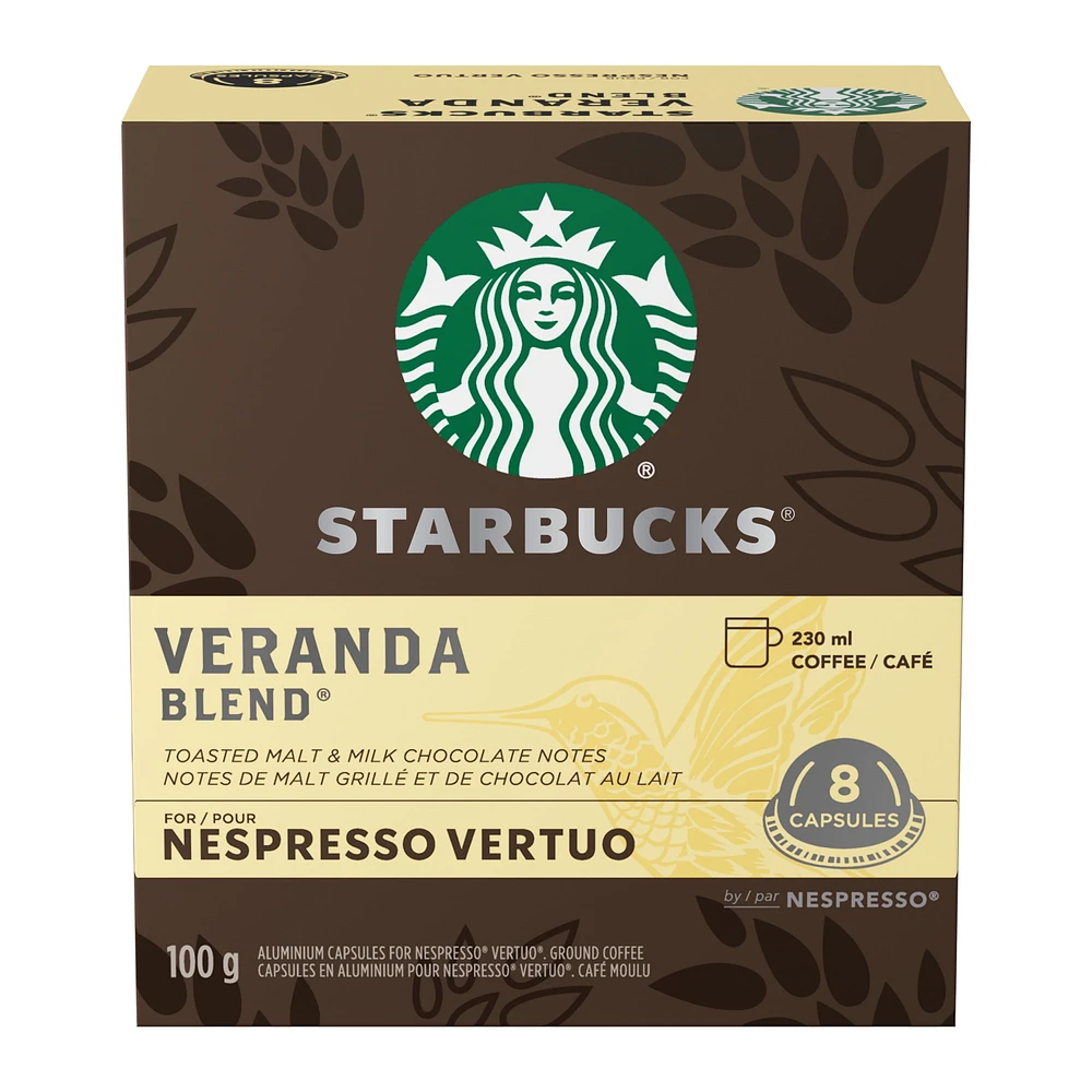 STARBUCKS VERANDA BLEND for NESPRESSO VERTUO, Blonde Roast Coffee, Mellow and Soft Notes, Recyclable Capsules Through NESPRESSO Recycling System, 100g