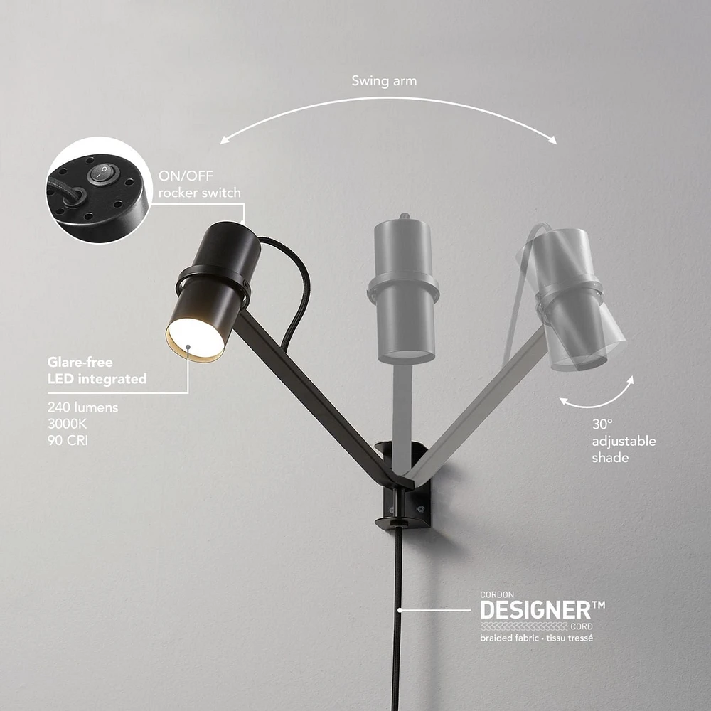 Applique murale enfichable à 1 ampoule à DEL Series.01.WS de MRDK x Globe, bras pivotant, abat-jour ajustable, noir mat