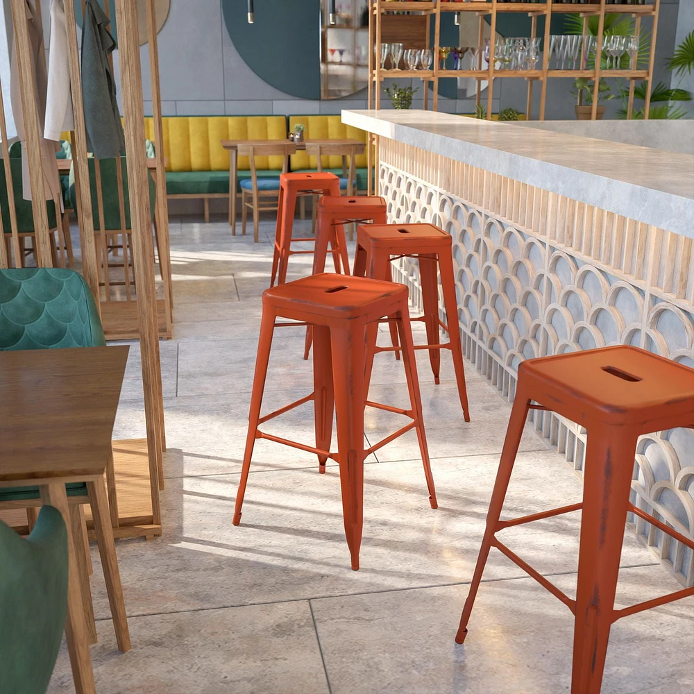 30'' High Backless Distressed Black Metal Indoor-Outdoor Barstool