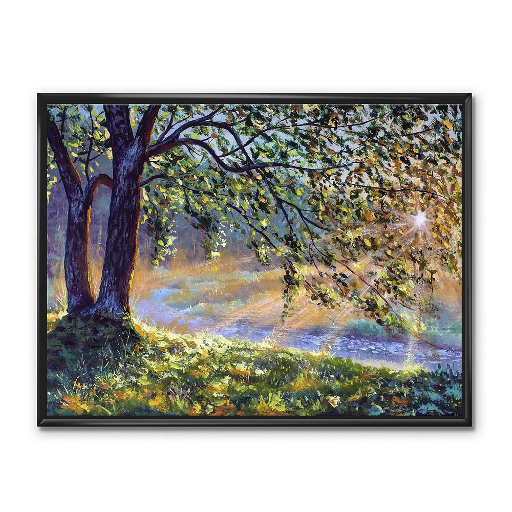 Designart Arbre au bord de la rivière Premiers rayons du soleil de l'après-midi ART MURAL À CADRE FLOTTÉ