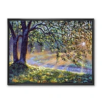 Designart Arbre au bord de la rivière Premiers rayons du soleil de l'après-midi ART MURAL À CADRE FLOTTÉ