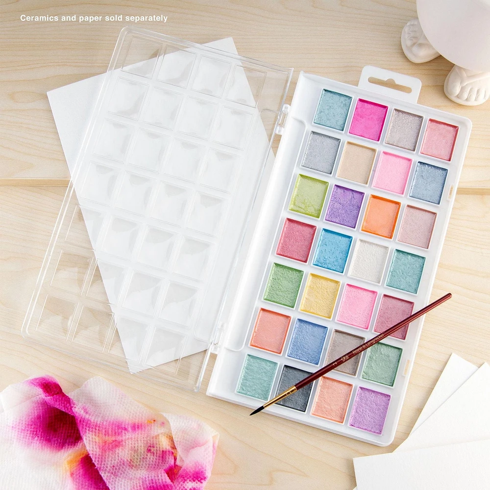 Royal & Langnickel - Ensemble de gâteaux de peinture aquarelle nacrée 28 couleurs avec pinceau 28 gâteaux aquarelle nacrés