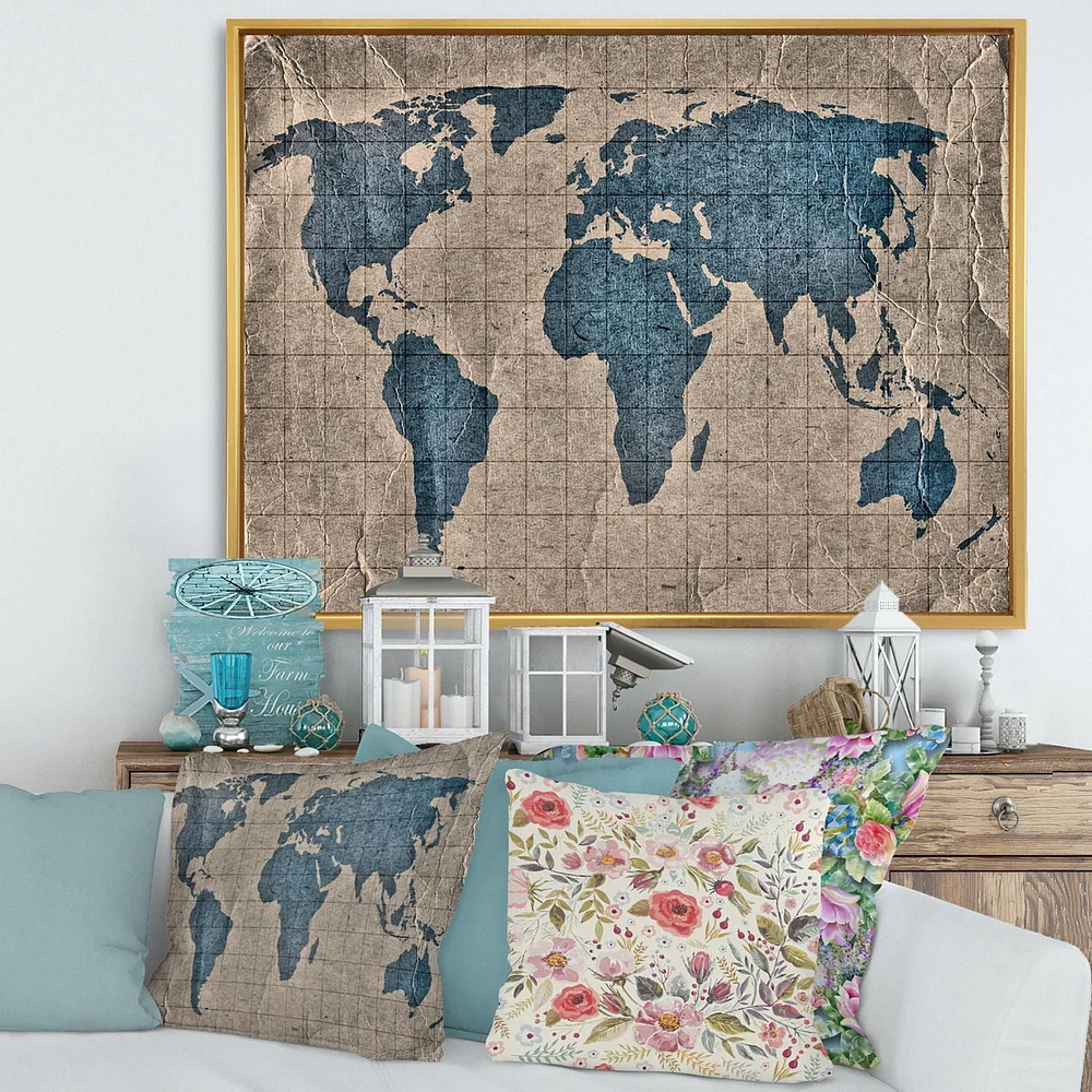 Designart Ancient Map of The World I FLOAT FRAME WALL ART