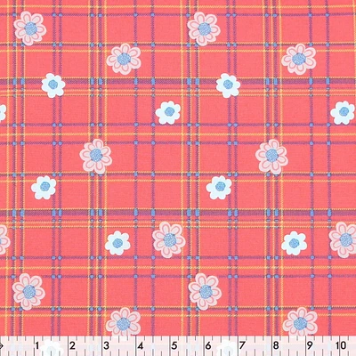 Tissu au mètre en coton Fabric Creations à motif de corail à carreaux bleus et marguerites