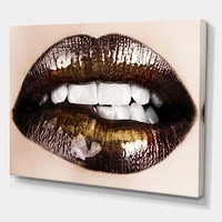 Designart Black Gold Lips Biting Canvas Wall Art