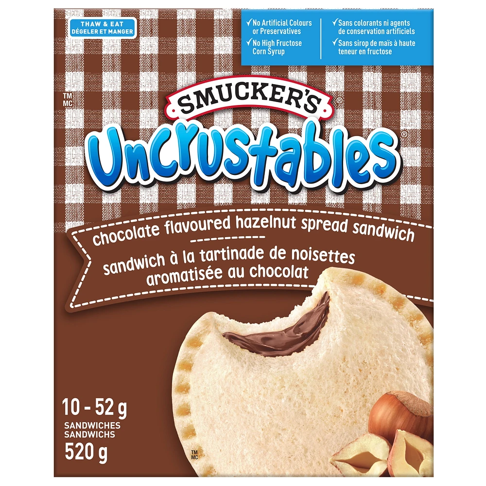 Smucker's Uncrustables Chocolate Hazelnut Spread Sandwich, Frozen, Pack of 10, Uncrustables soft, round and crustless Chocolate Flavoured Hazelnut Spread Sandwiches are a delicious way to make your family’s day. It’s the perfect snack anytime, anywhere. Found in the freezer aisle. Just Thaw & Eat